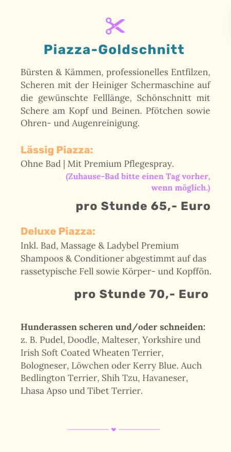 Preise zum Angebot Piazza-Goldschnitt vom Schanzenhund | Hundefriseur Hamburg Schanzenviertel